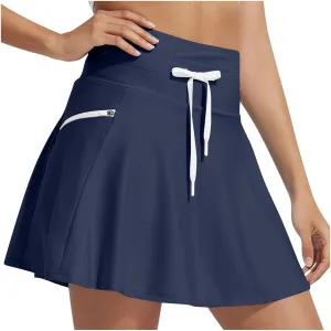 Women's Quick-Drying Underskirt Zipper Drawstring Tie-up High Waist Pleated Plain A Line Short Mini Skirts
