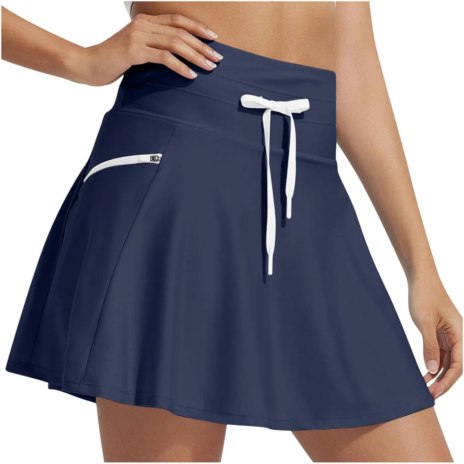 Women's Quick-Drying Underskirt Zipper Drawstring Tie-up High Waist Pleated Plain A Line Short Mini Skirts