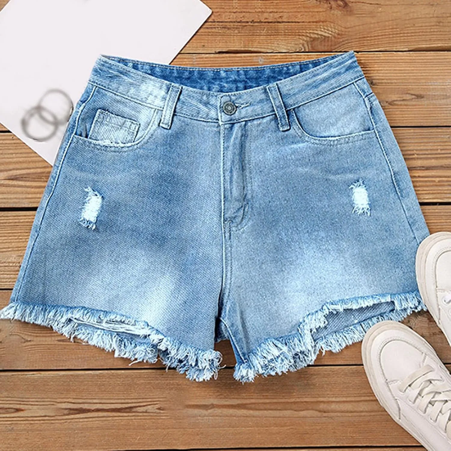 Womens Ripped Denim Shorts Casual Summer Stretch High Waisted Ladies Distressed Frayed Raw Hem Baggy Jean Shorts