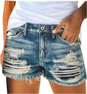 Women's Ripped Denim Shorts High Waisted Jean Shorts Women Frayed Raw Hem Casual Jeans Booty Button Shorts