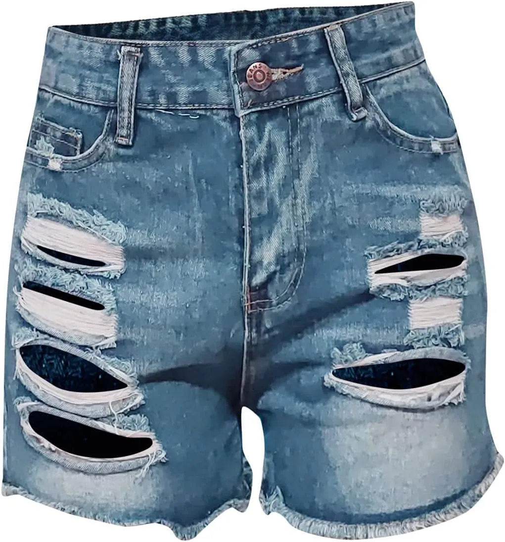 Women's Ripped Denim Shorts High Waisted Jean Shorts Women Frayed Raw Hem Casual Jeans Booty Button Shorts