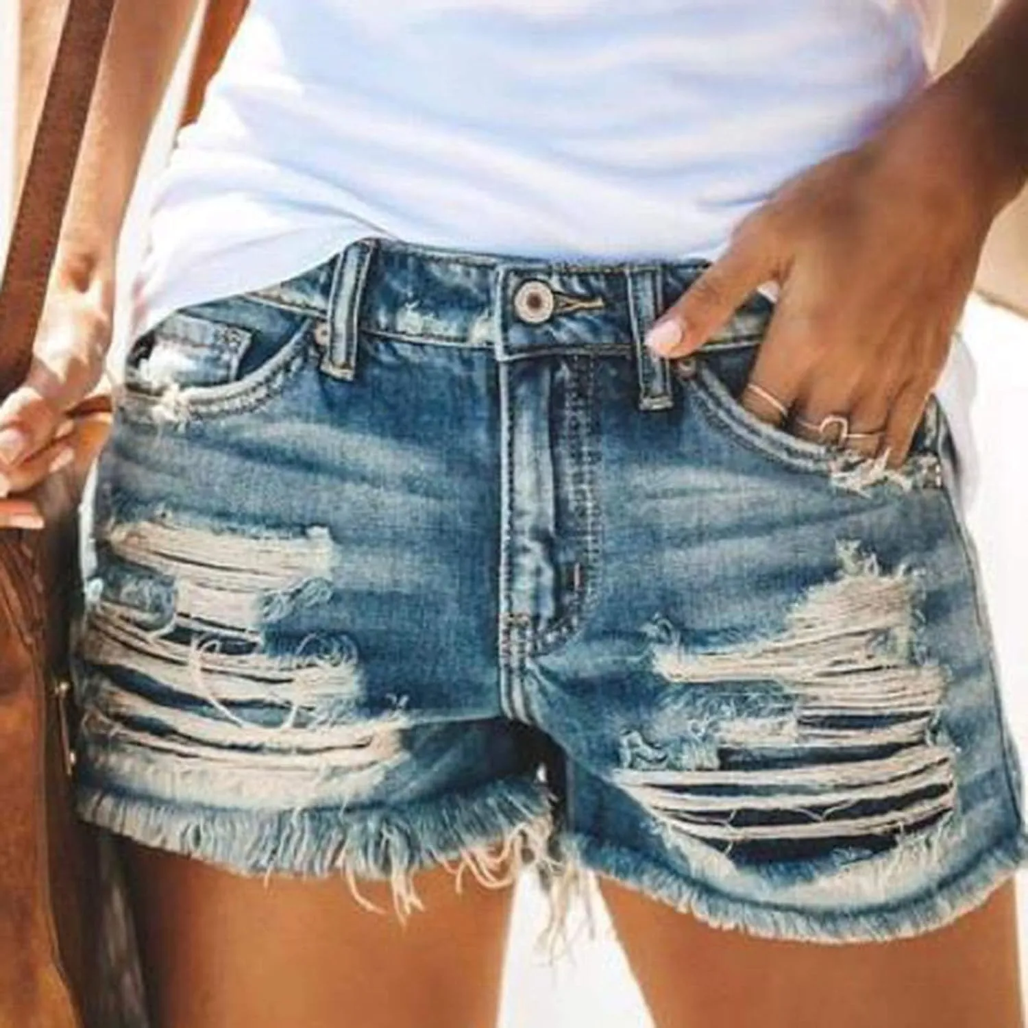 Women's Ripped Denim Shorts High Waisted Jean Shorts Women Frayed Raw Hem Casual Jeans Booty Button Shorts