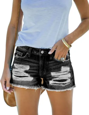 Women's Ripped Denim Shorts Mid Rise Summer Hot Raw Hem Casual Jean Shorts