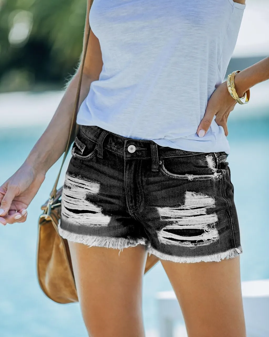 Women's Ripped Denim Shorts Mid Rise Summer Hot Raw Hem Casual Jean Shorts