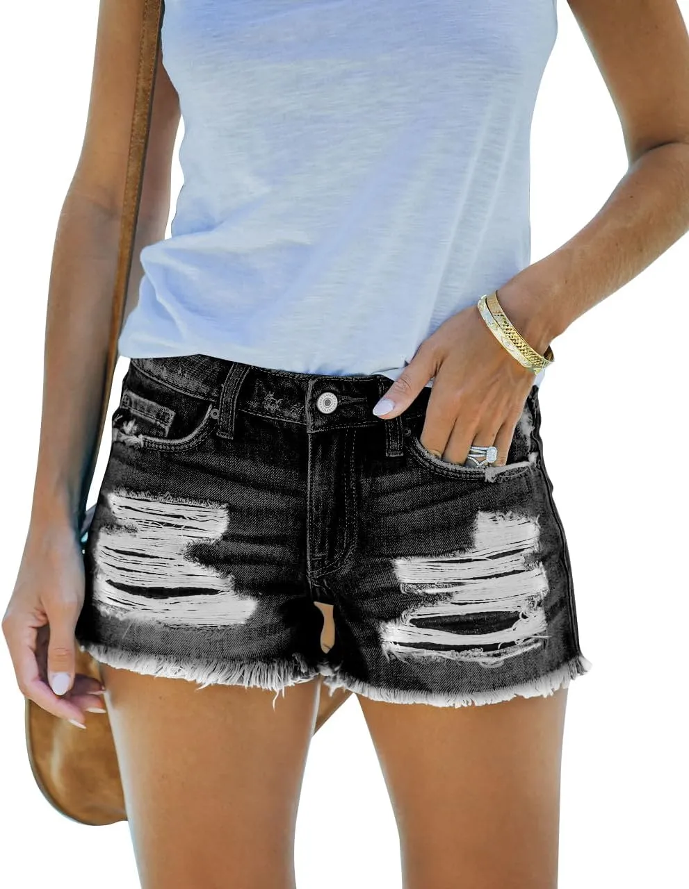 Women's Ripped Denim Shorts Mid Rise Summer Hot Raw Hem Casual Jean Shorts