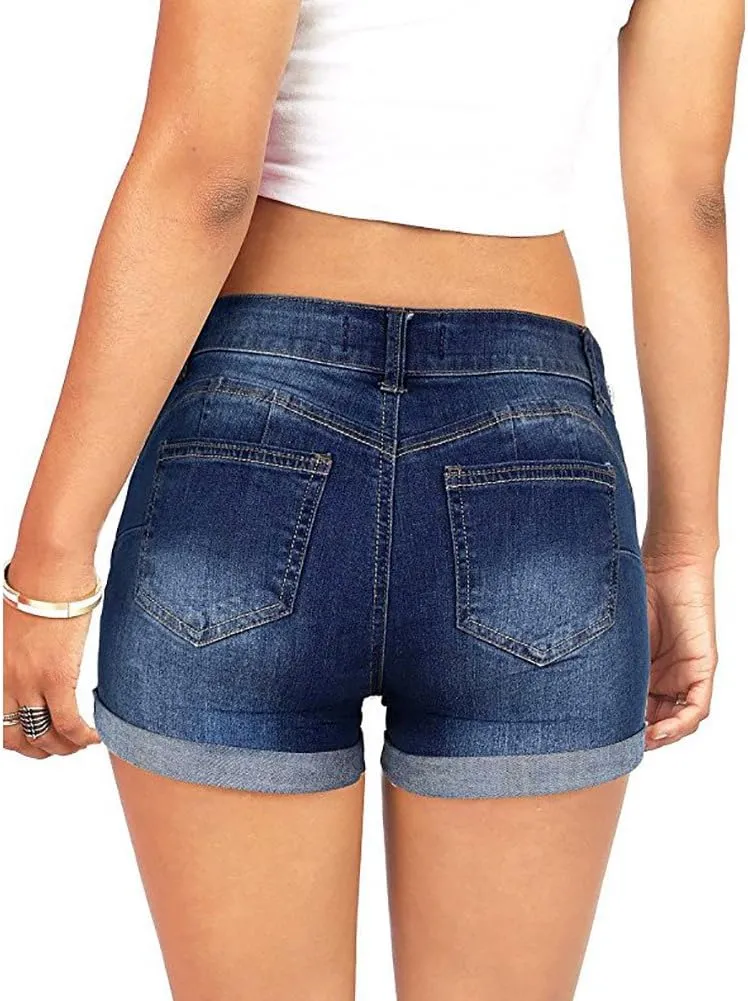 Women's Ripped Denim Shorts with Pockets,High-Waisted Stretch Fit,Distressed Hem Casual Summer Style