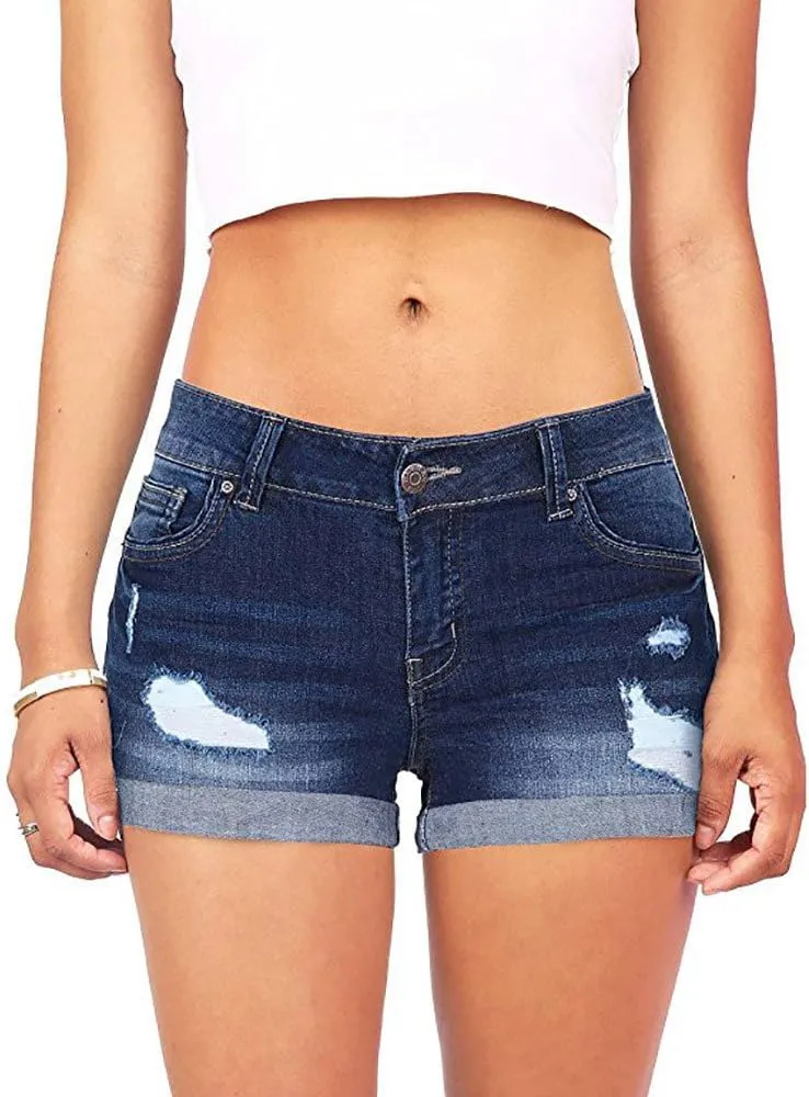 Women's Ripped Denim Shorts with Pockets,High-Waisted Stretch Fit,Distressed Hem Casual Summer Style