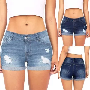 Women's Ripped Denim Shorts with Pockets,High-Waisted Stretch Fit,Distressed Hem Casual Summer Style