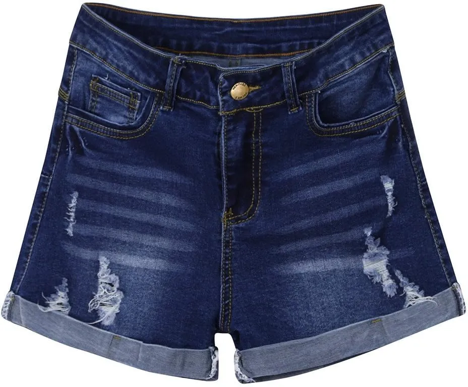 Women's Ripped Denim Shorts with Pockets,High-Waisted Stretch Fit,Distressed Hem Casual Summer Style