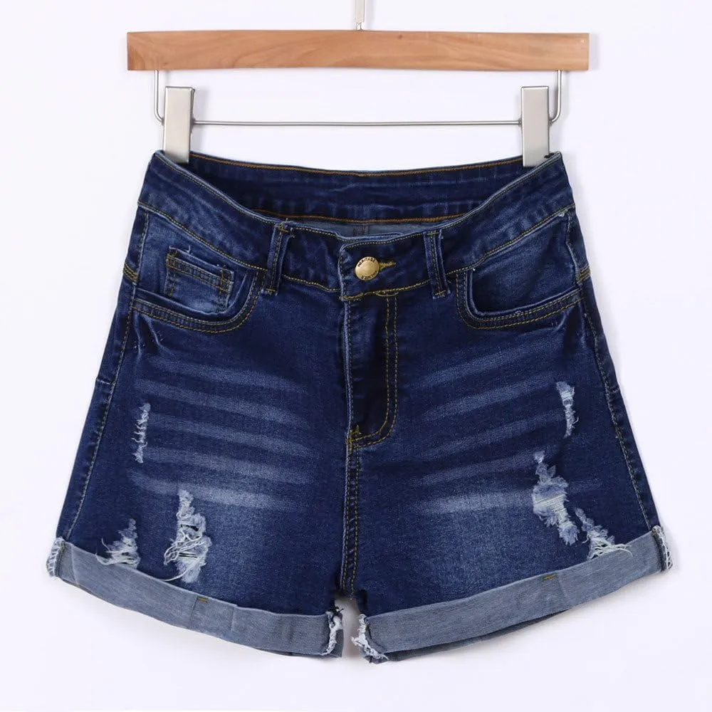 Women's Ripped Denim Shorts with Pockets,High-Waisted Stretch Fit,Distressed Hem Casual Summer Style