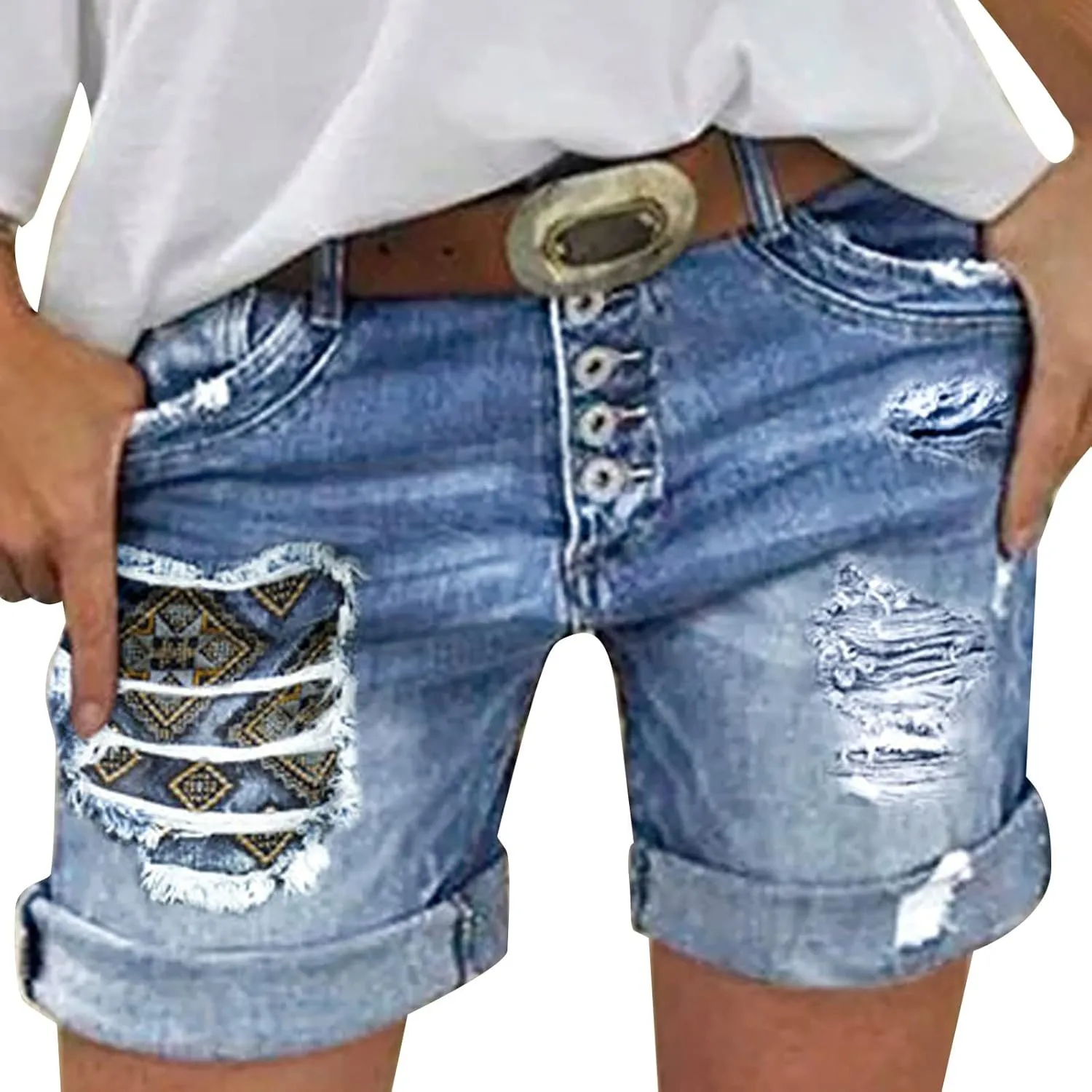 Women's Ripped Denim Shorts with Pockets,High-Waisted Stretch Fit,Distressed Hem Casual Summer Style