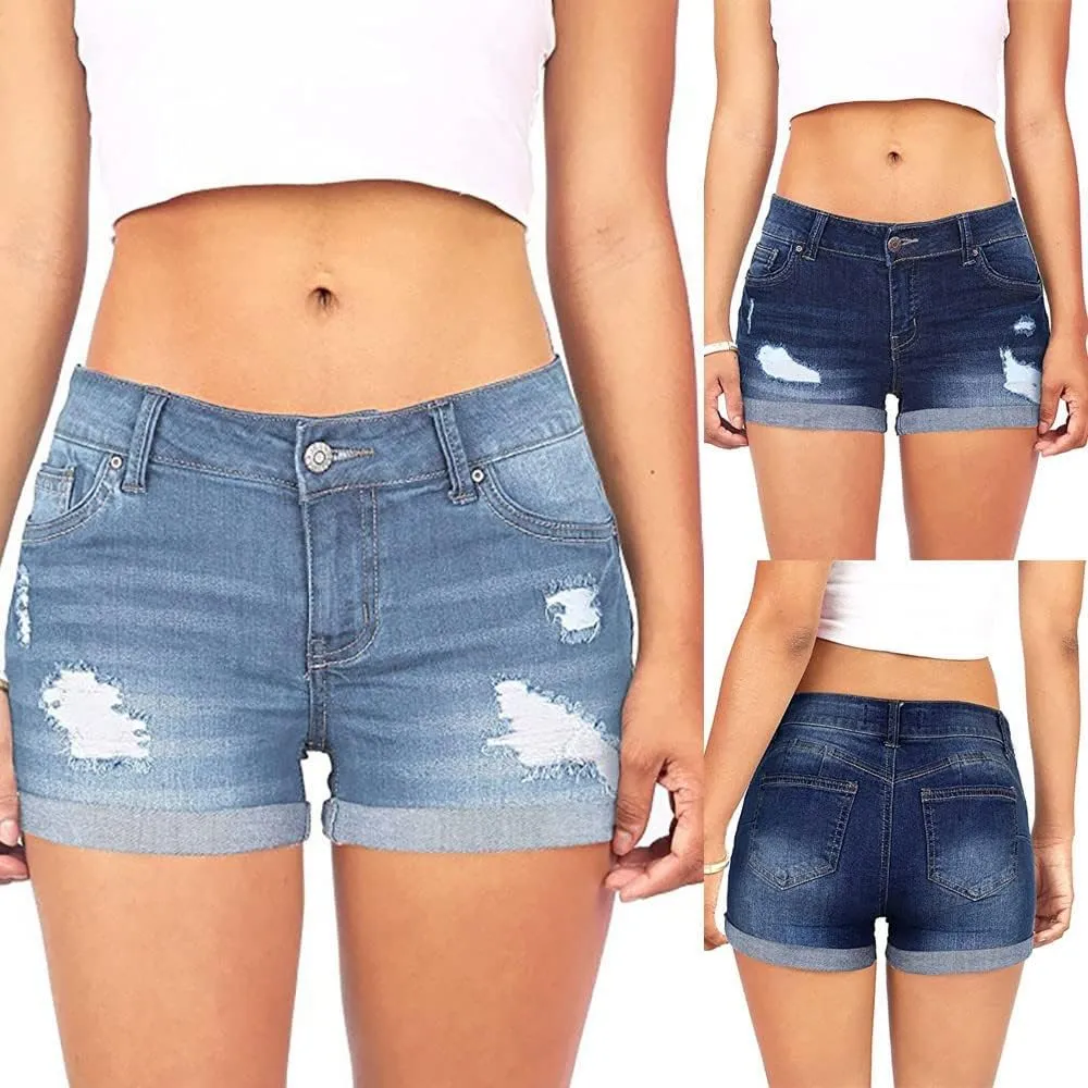 Women's Ripped Denim Shorts with Pockets,High-Waisted Stretch Fit,Distressed Hem Casual Summer Style