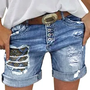 Women's Ripped Denim Shorts with Pockets,High-Waisted Stretch Fit,Distressed Hem Casual Summer Style