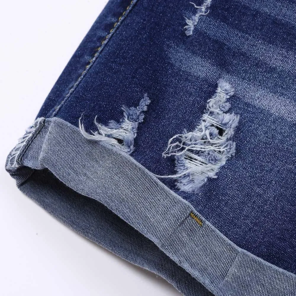 Women's Ripped Denim Shorts with Pockets,High-Waisted Stretch Fit,Distressed Hem Casual Summer Style