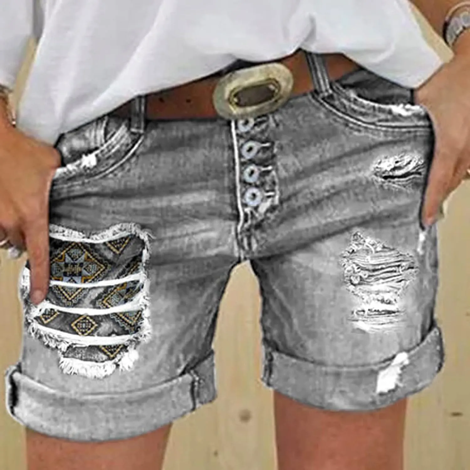 Women's Ripped Denim Shorts with Pockets,High-Waisted Stretch Fit,Distressed Hem Casual Summer Style