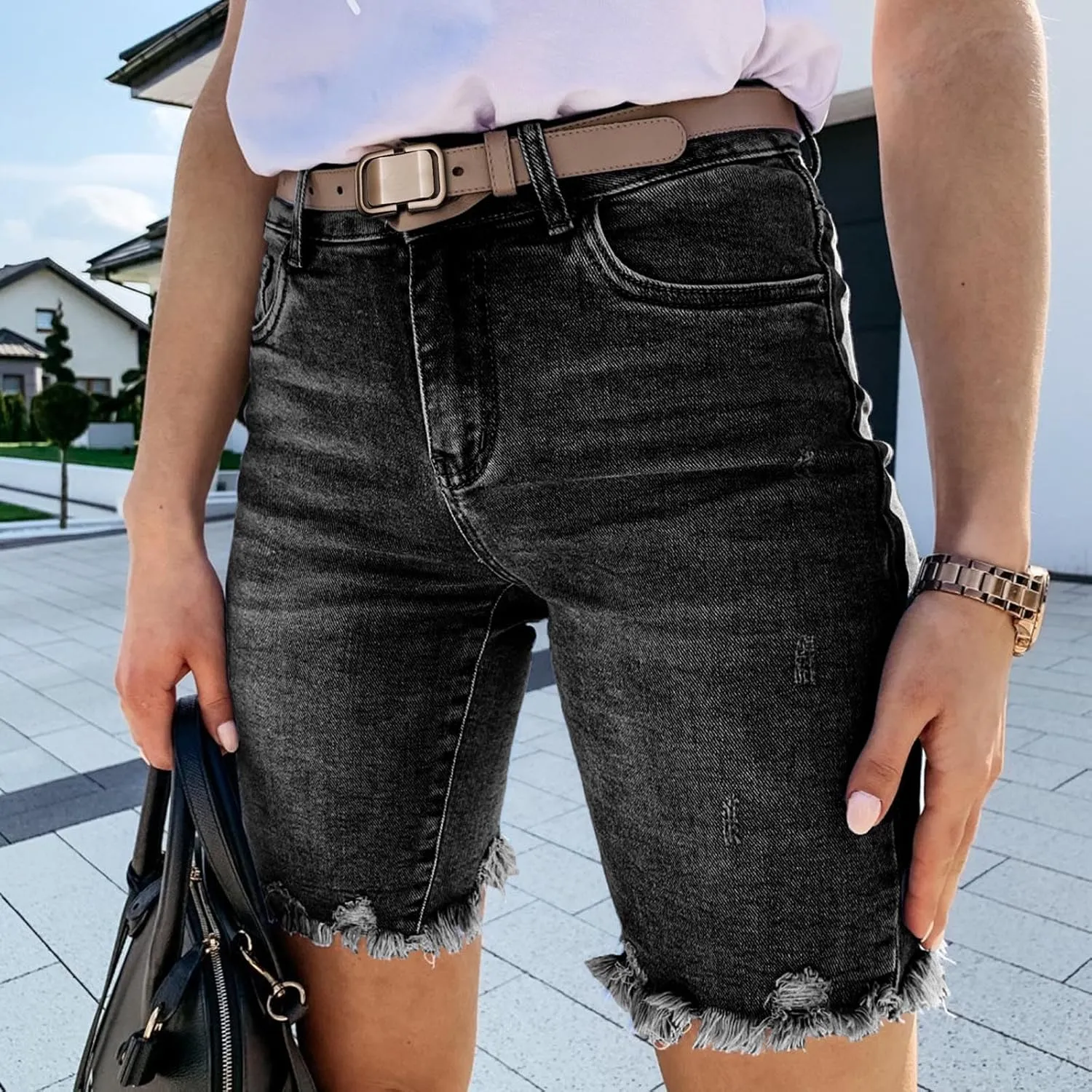 Women's Ripped Jean Shorts High Waisted Stretchy Denim Comfort Fit Summer 2025 Casual Distressed Jeans Shorts