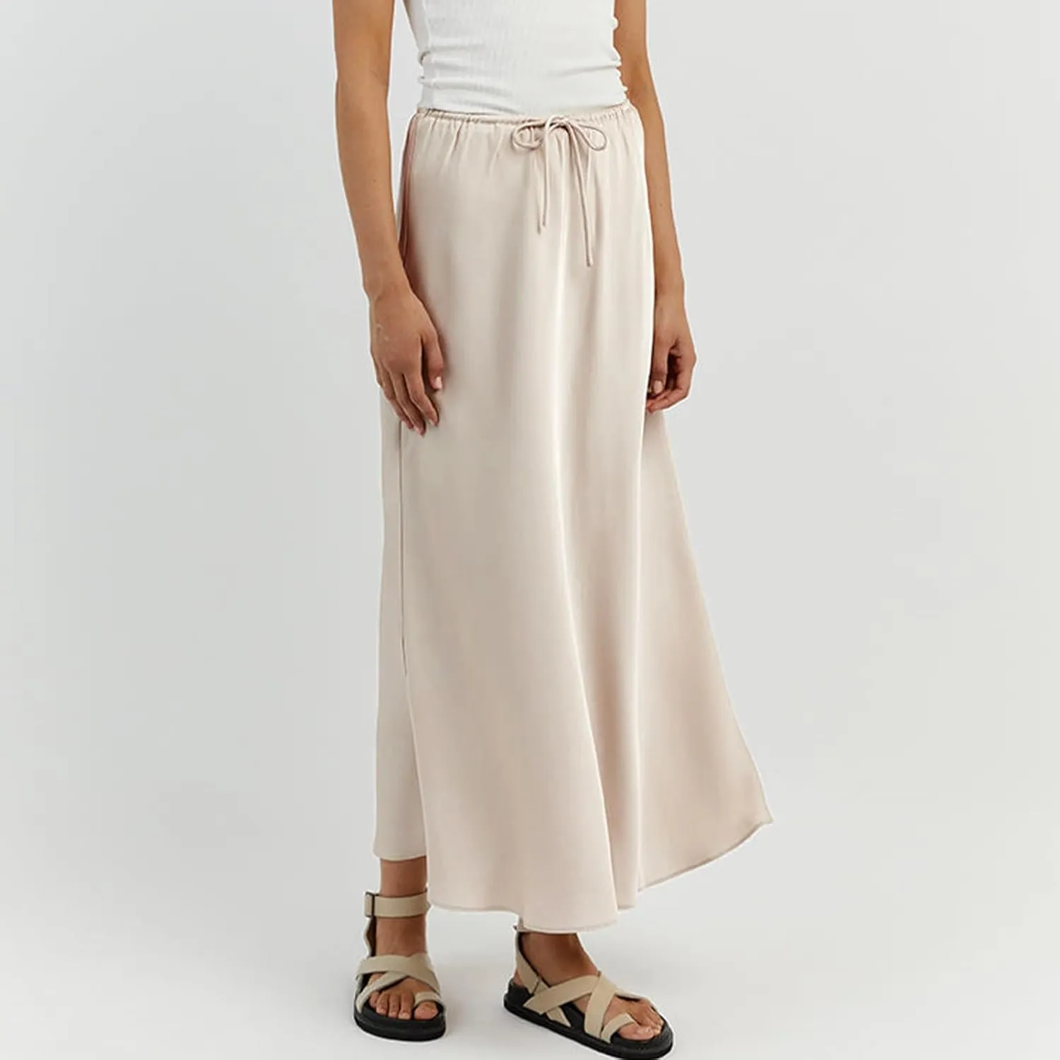 Women's Satin Maxi Skirts Drawstring High Waist Silk Flowy Casual A-Line Long Skirt Cocktail Party Weekend Midi Skirts