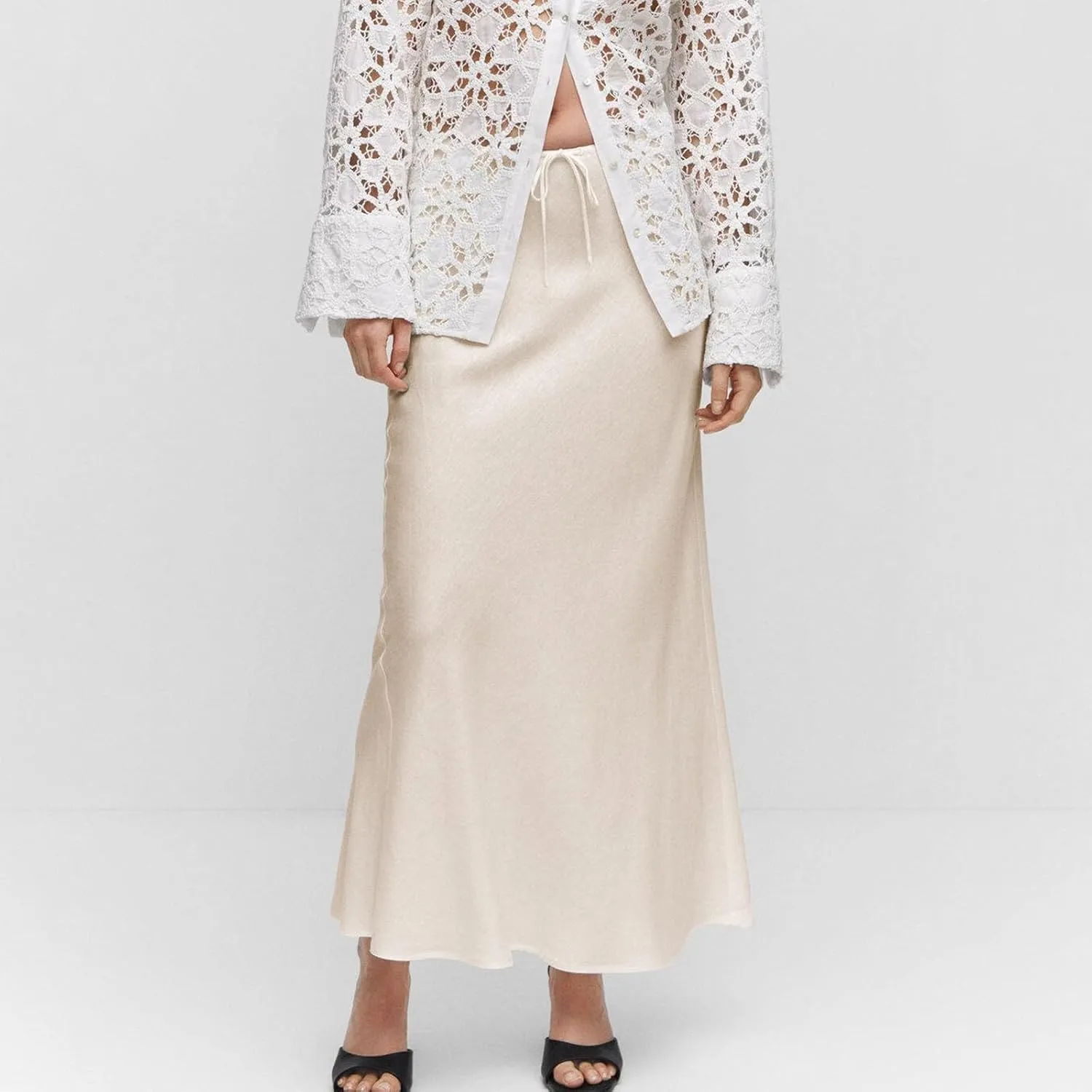 Women's Satin Maxi Skirts Drawstring High Waist Silk Flowy Casual A-Line Long Skirt Cocktail Party Weekend Midi Skirts