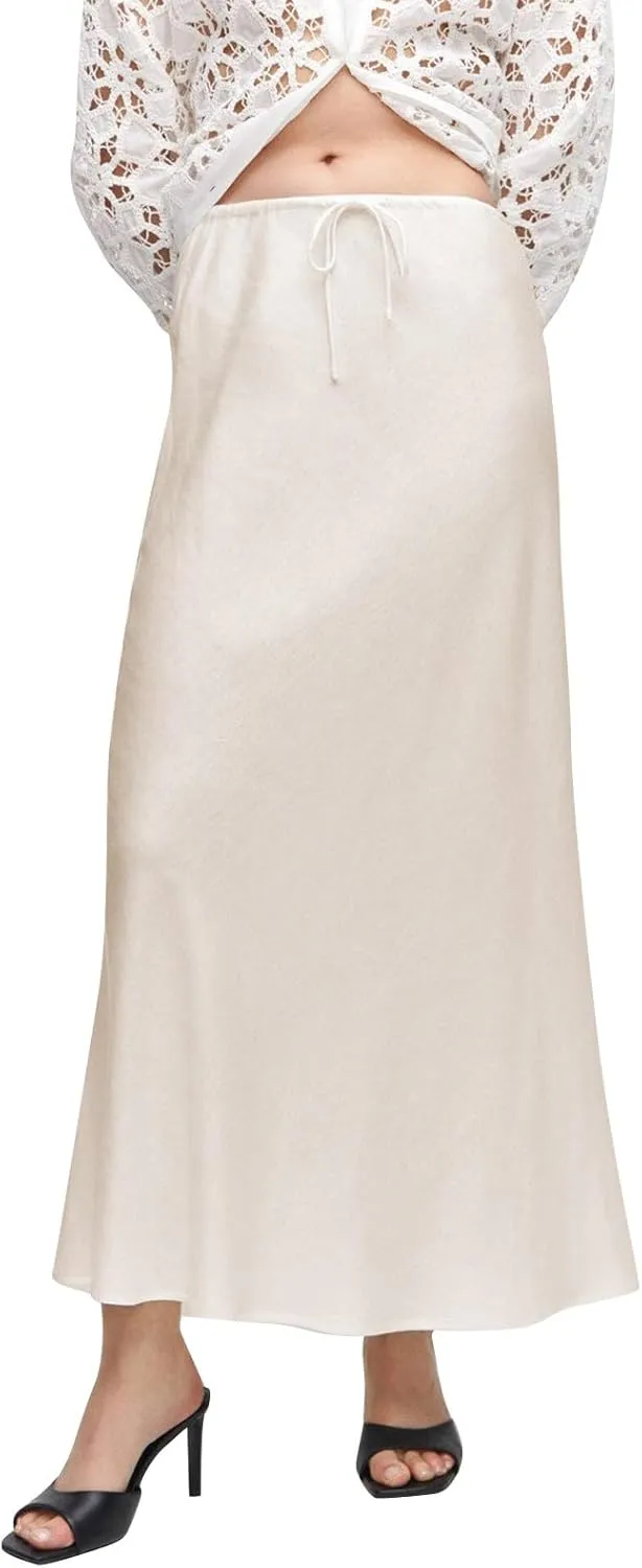 Women's Satin Maxi Skirts Drawstring High Waist Silk Flowy Casual A-Line Long Skirt Cocktail Party Weekend Midi Skirts