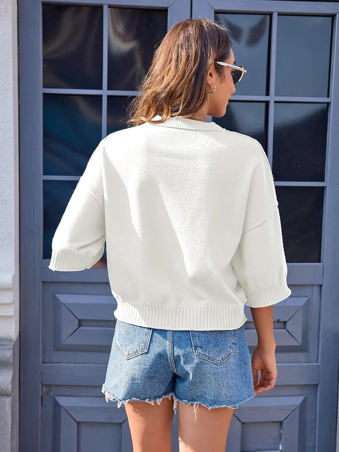 Women's Short Sleeve Cropped Sweaters 2025 Summer Oversized Loose Fit Drop Shoulder Casual Sweater Tops