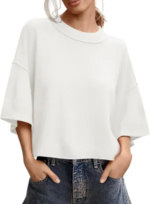 Women's Short Sleeve Cropped Sweaters 2025 Summer Oversized Loose Fit Drop Shoulder Casual Sweater Tops
