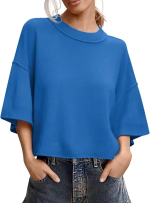 Women's Short Sleeve Cropped Sweaters 2025 Summer Oversized Loose Fit Drop Shoulder Casual Sweater Tops
