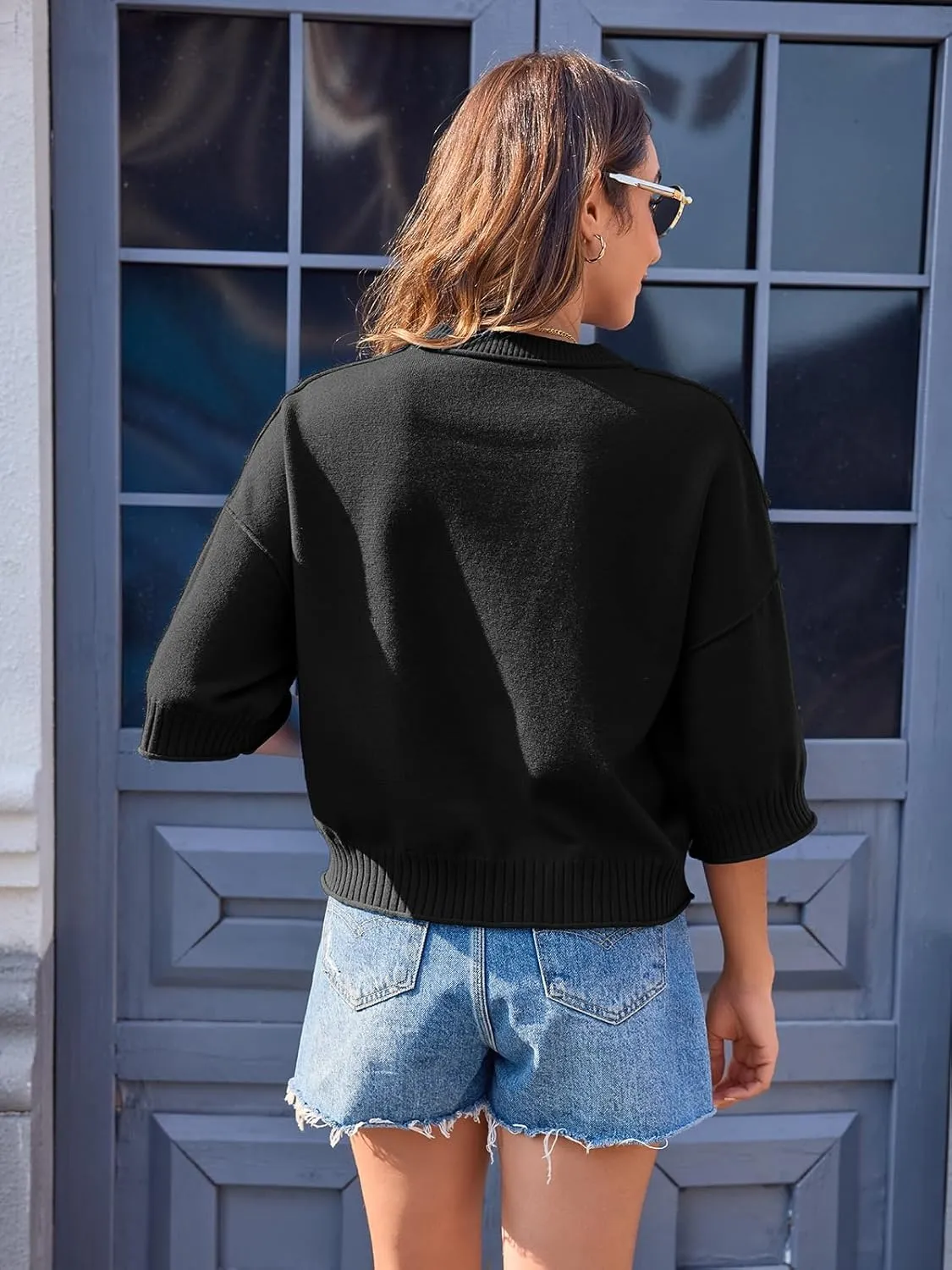 Women's Short Sleeve Cropped Sweaters 2025 Summer Oversized Loose Fit Drop Shoulder Casual Sweater Tops