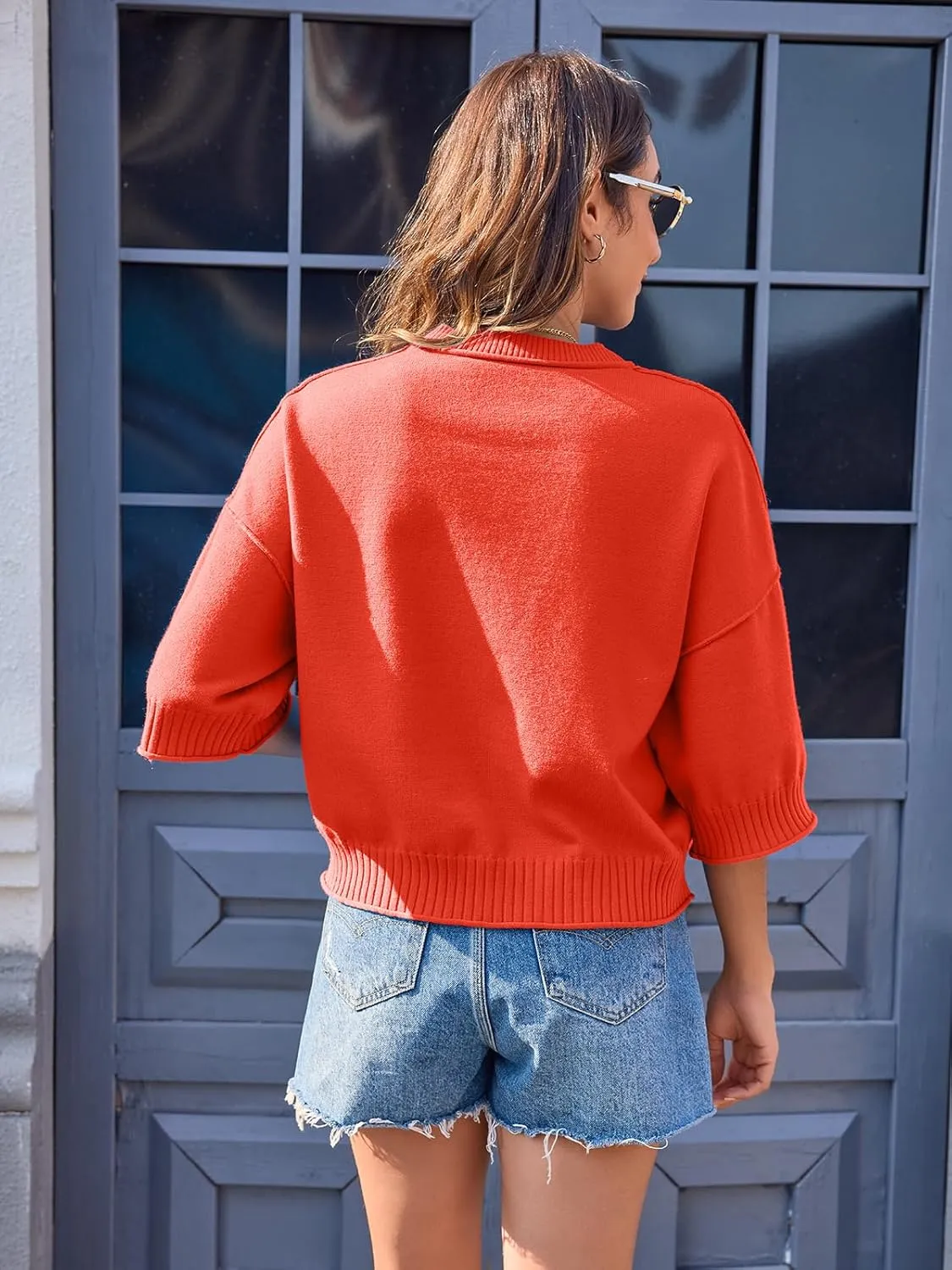 Women's Short Sleeve Cropped Sweaters 2025 Summer Oversized Loose Fit Drop Shoulder Casual Sweater Tops