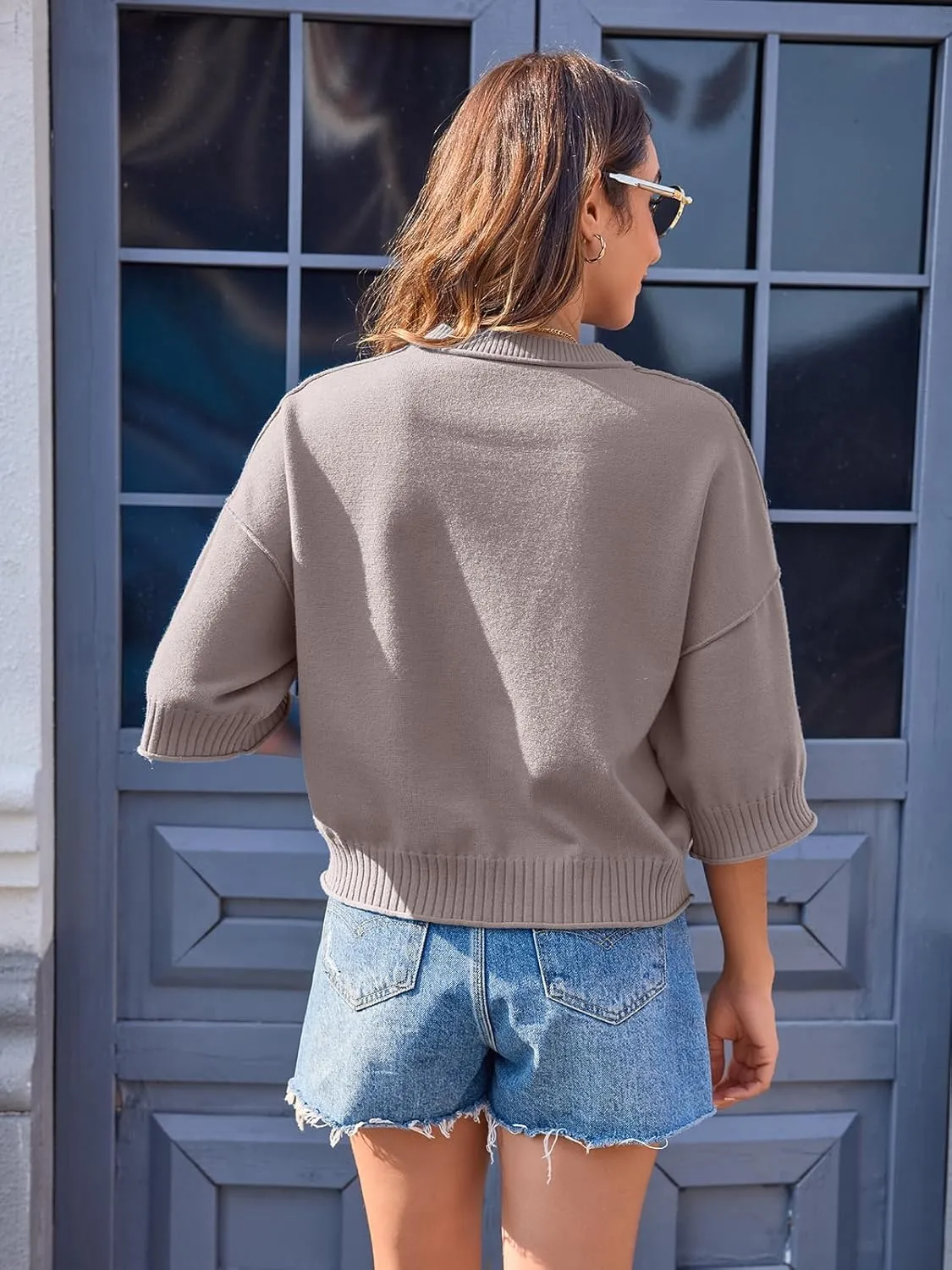 Women's Short Sleeve Cropped Sweaters 2025 Summer Oversized Loose Fit Drop Shoulder Casual Sweater Tops