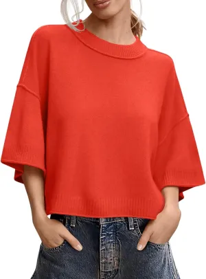Women's Short Sleeve Cropped Sweaters 2025 Summer Oversized Loose Fit Drop Shoulder Casual Sweater Tops