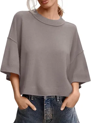 Women's Short Sleeve Cropped Sweaters 2025 Summer Oversized Loose Fit Drop Shoulder Casual Sweater Tops