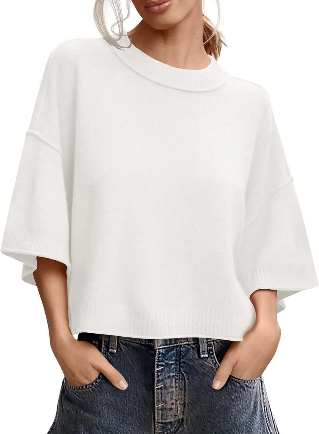 Women's Short Sleeve Cropped Sweaters 2025 Summer Oversized Loose Fit Drop Shoulder Casual Sweater Tops