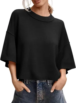 Women's Short Sleeve Cropped Sweaters 2025 Summer Oversized Loose Fit Drop Shoulder Casual Sweater Tops