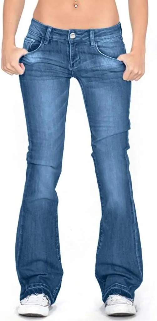 Womens Skinny Bell Bottom Jeans Ripped High Waisted Classic Totally Shaping Slim Fit Fitted Denim Pants