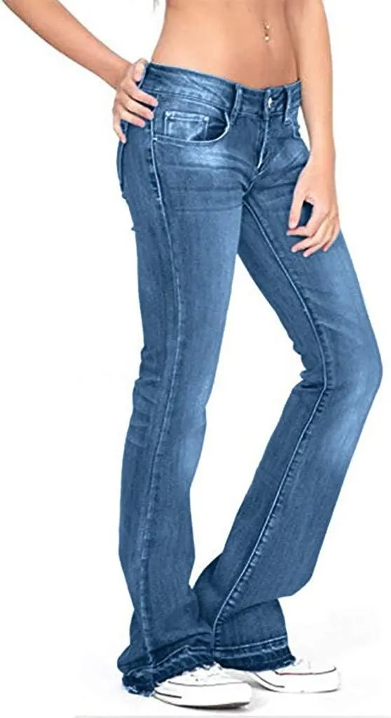 Womens Skinny Bell Bottom Jeans Ripped High Waisted Classic Totally Shaping Slim Fit Fitted Denim Pants
