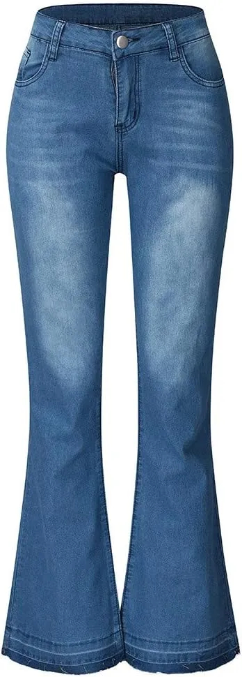 Womens Skinny Bell Bottom Jeans Ripped High Waisted Classic Totally Shaping Slim Fit Fitted Denim Pants