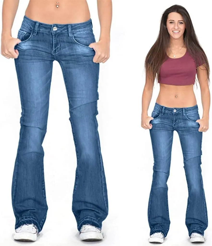 Womens Skinny Bell Bottom Jeans Ripped High Waisted Classic Totally Shaping Slim Fit Fitted Denim Pants