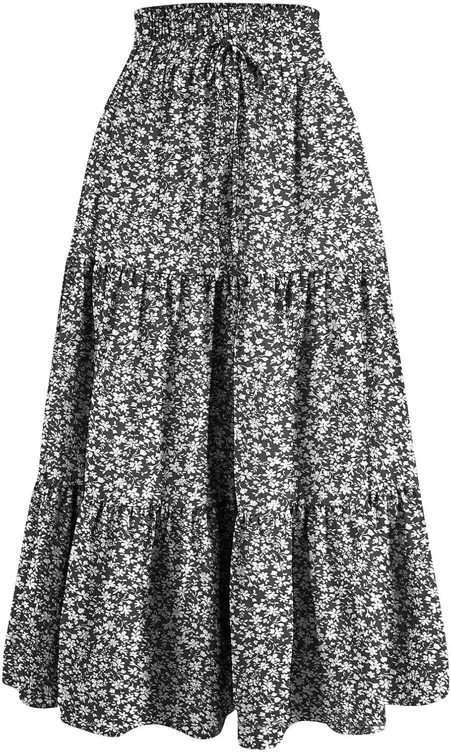 Womens Skirts Midi Length Floral Tiered Skirt Drawstring Summer Pleated Flowy Vacation A Line Skirt with Pockets