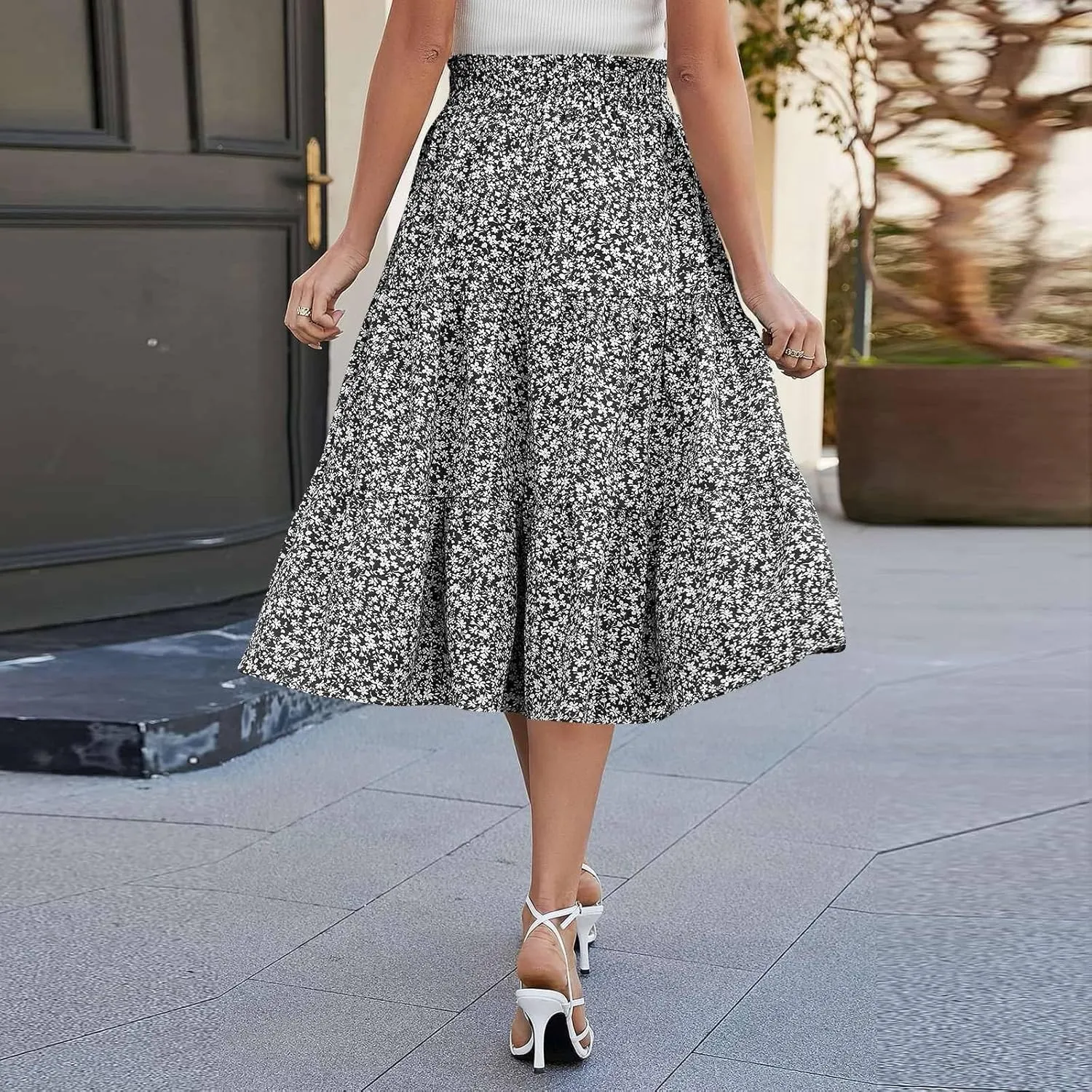 Womens Skirts Midi Length Floral Tiered Skirt Drawstring Summer Pleated Flowy Vacation A Line Skirt with Pockets