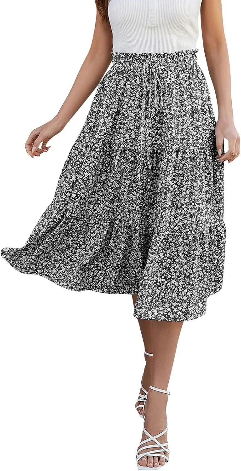 Womens Skirts Midi Length Floral Tiered Skirt Drawstring Summer Pleated Flowy Vacation A Line Skirt with Pockets