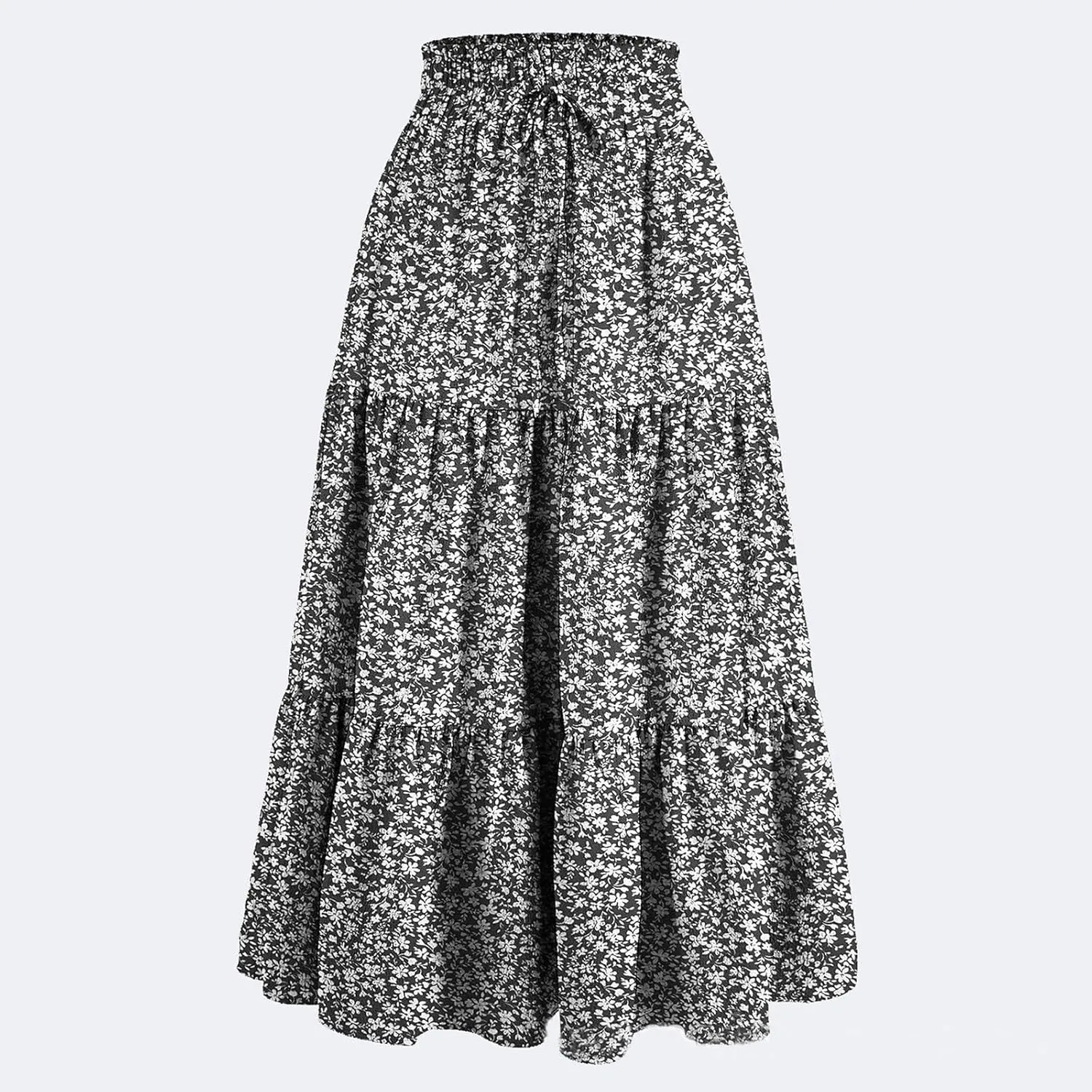 Womens Skirts Midi Length Floral Tiered Skirt Drawstring Summer Pleated Flowy Vacation A Line Skirt with Pockets