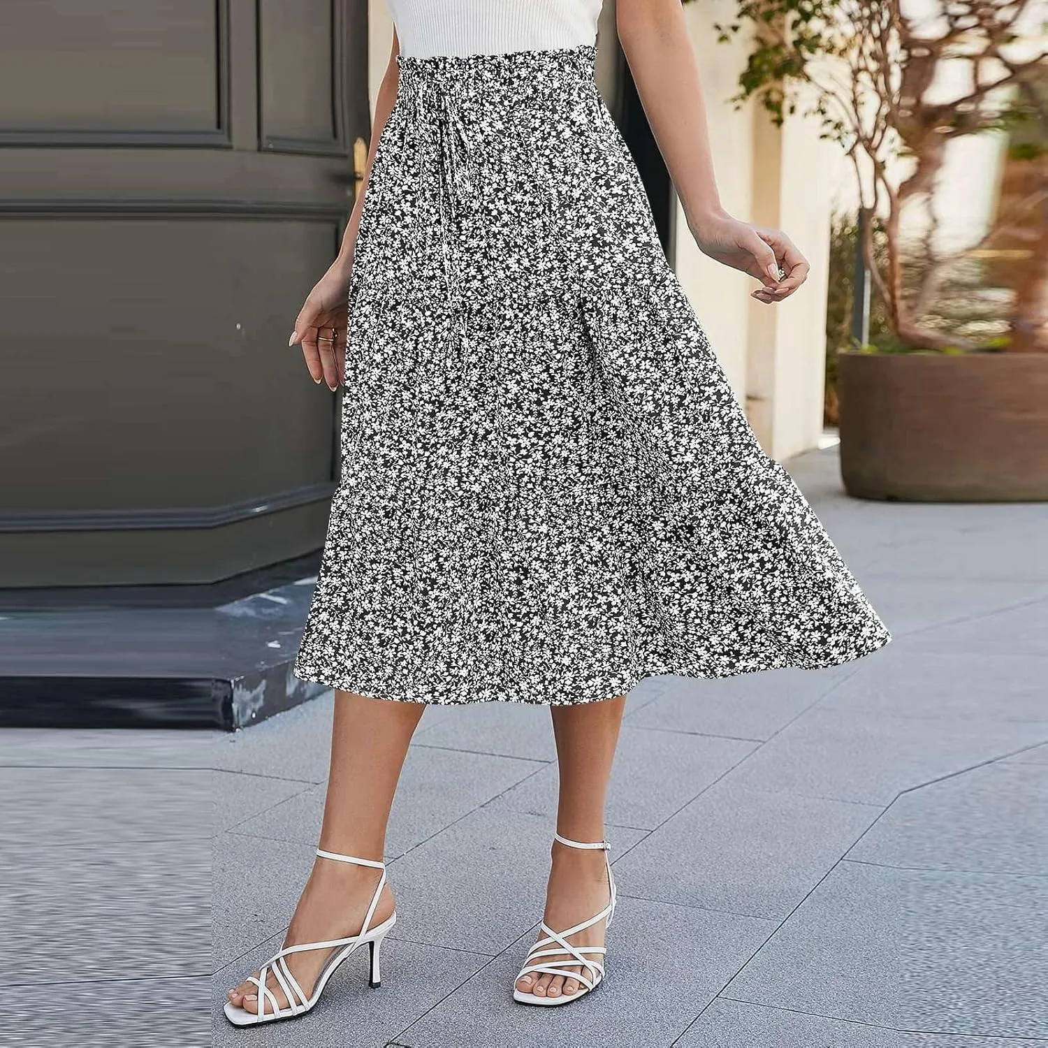 Womens Skirts Midi Length Floral Tiered Skirt Drawstring Summer Pleated Flowy Vacation A Line Skirt with Pockets