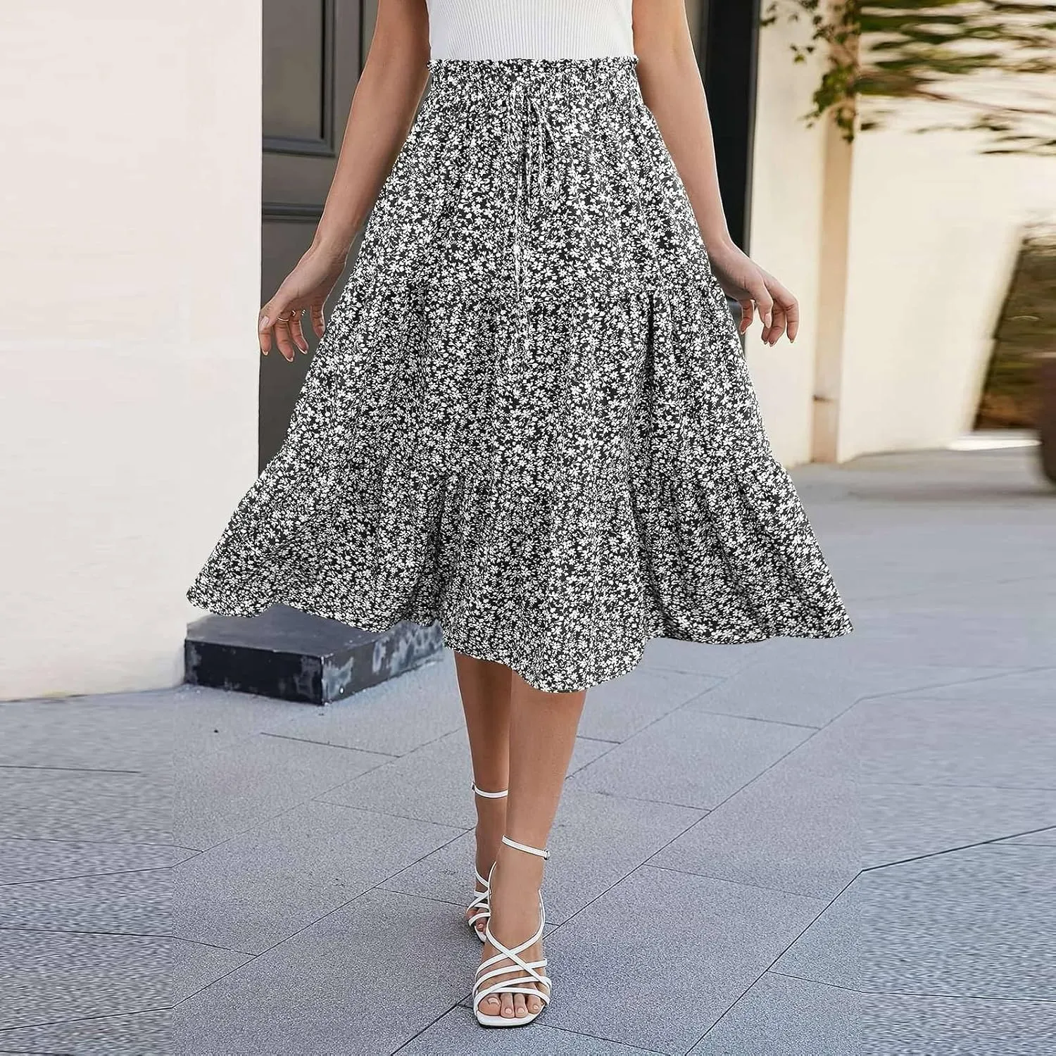 Womens Skirts Midi Length Floral Tiered Skirt Drawstring Summer Pleated Flowy Vacation A Line Skirt with Pockets