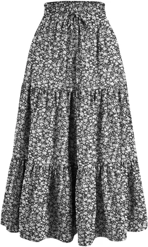 Womens Skirts Midi Length Floral Tiered Skirt Drawstring Summer Pleated Flowy Vacation A Line Skirt with Pockets