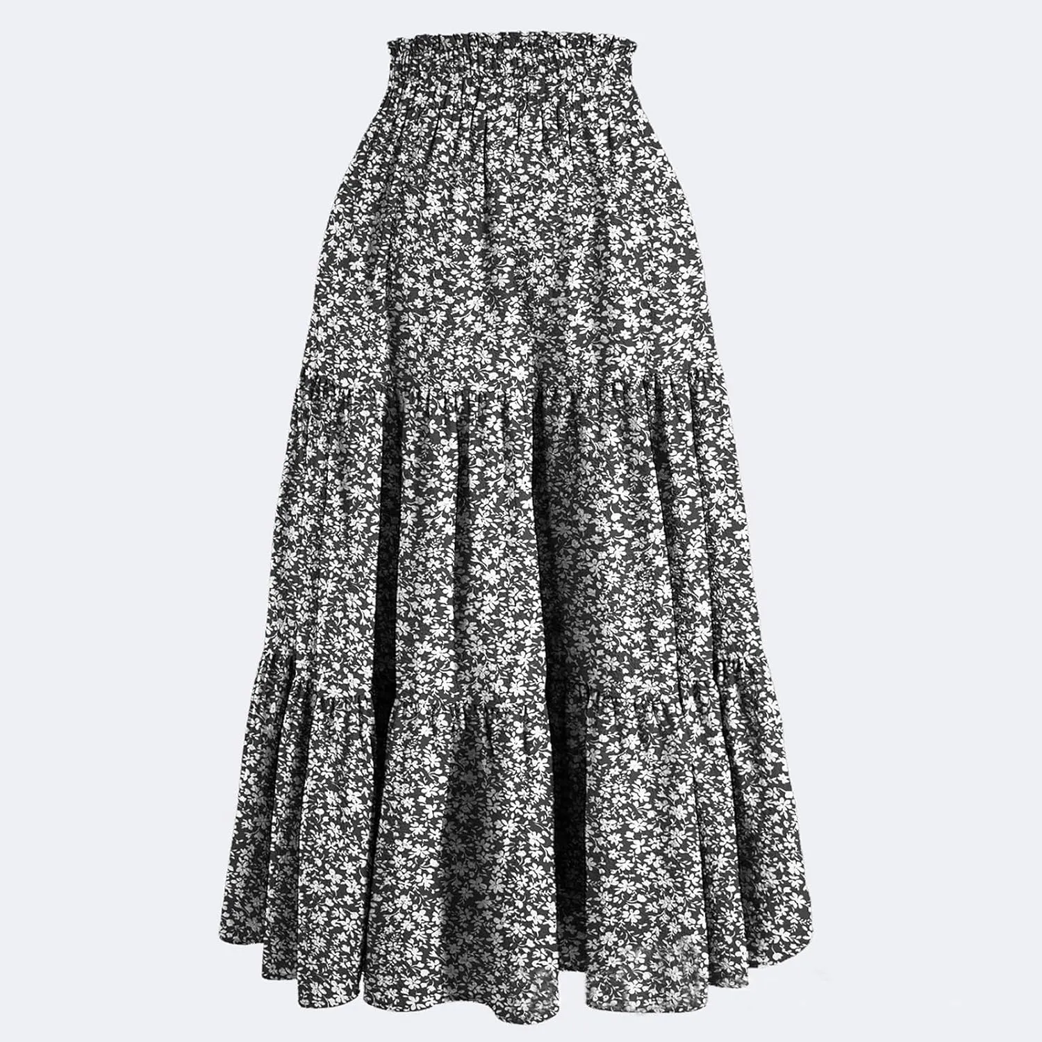 Womens Skirts Midi Length Floral Tiered Skirt Drawstring Summer Pleated Flowy Vacation A Line Skirt with Pockets