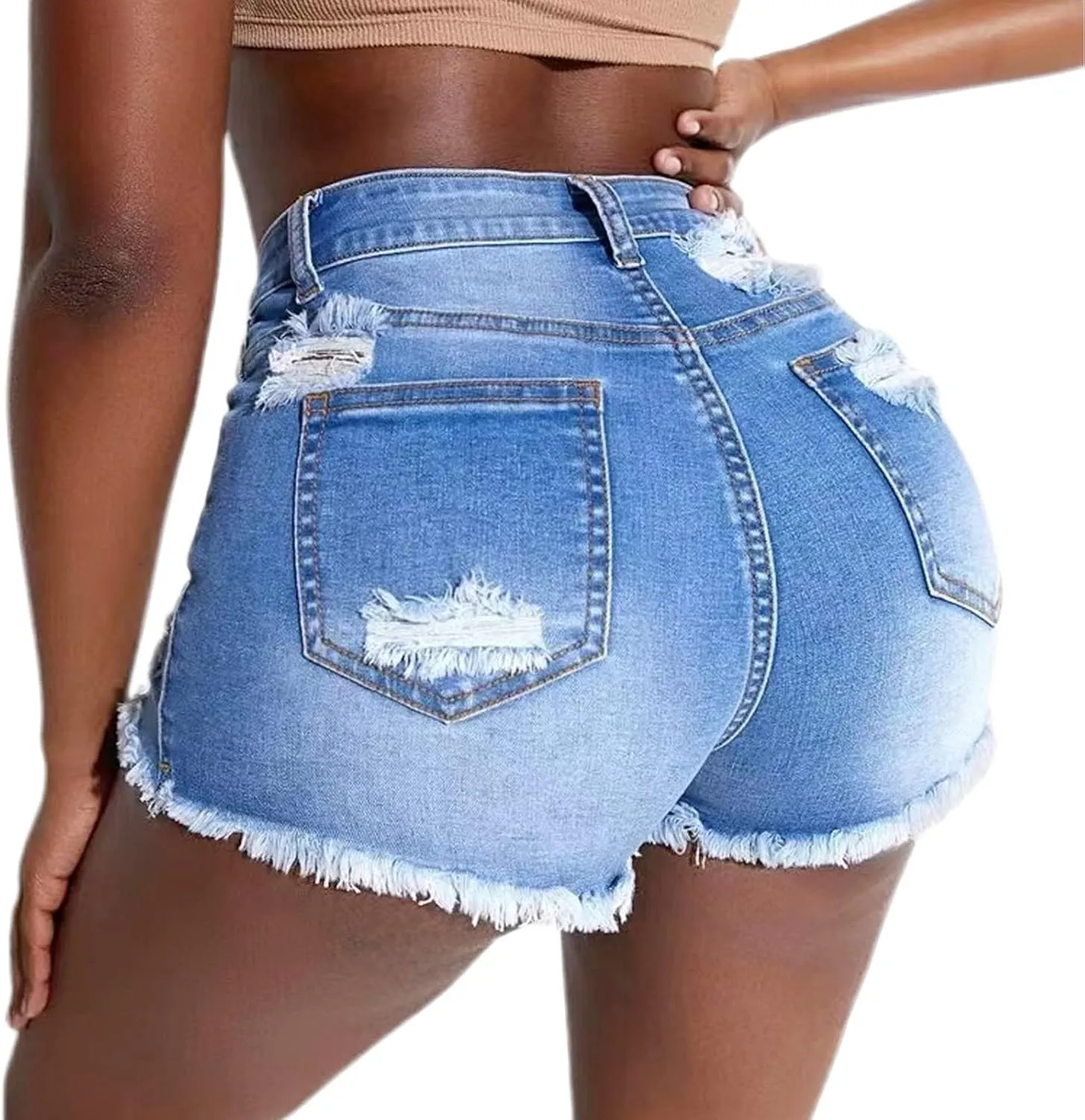 Women's Stretch Ripped Denim Shorts Mid Waist Casual Frayed Raw Hem Distressed Jean Shorts
