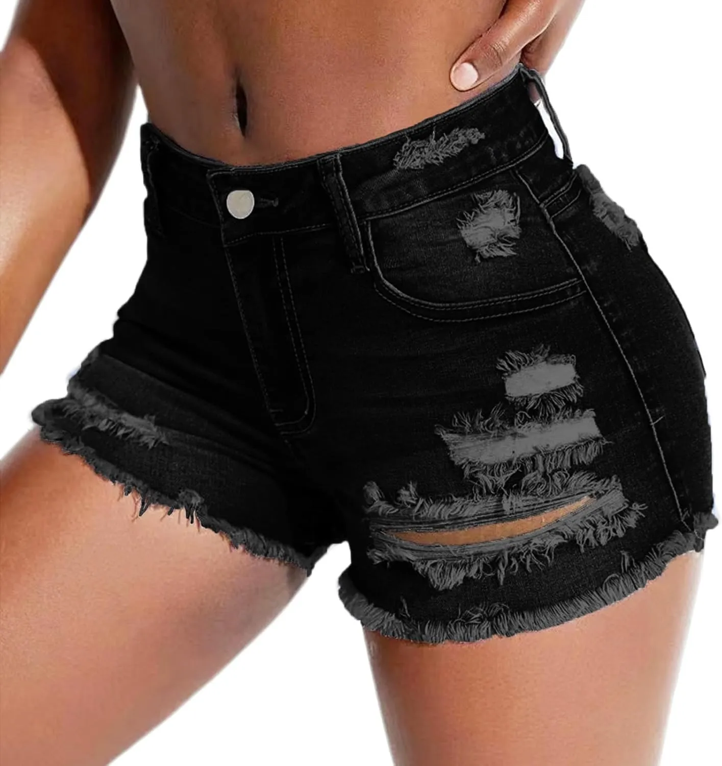 Women's Stretch Ripped Denim Shorts Mid Waist Casual Frayed Raw Hem Distressed Jean Shorts