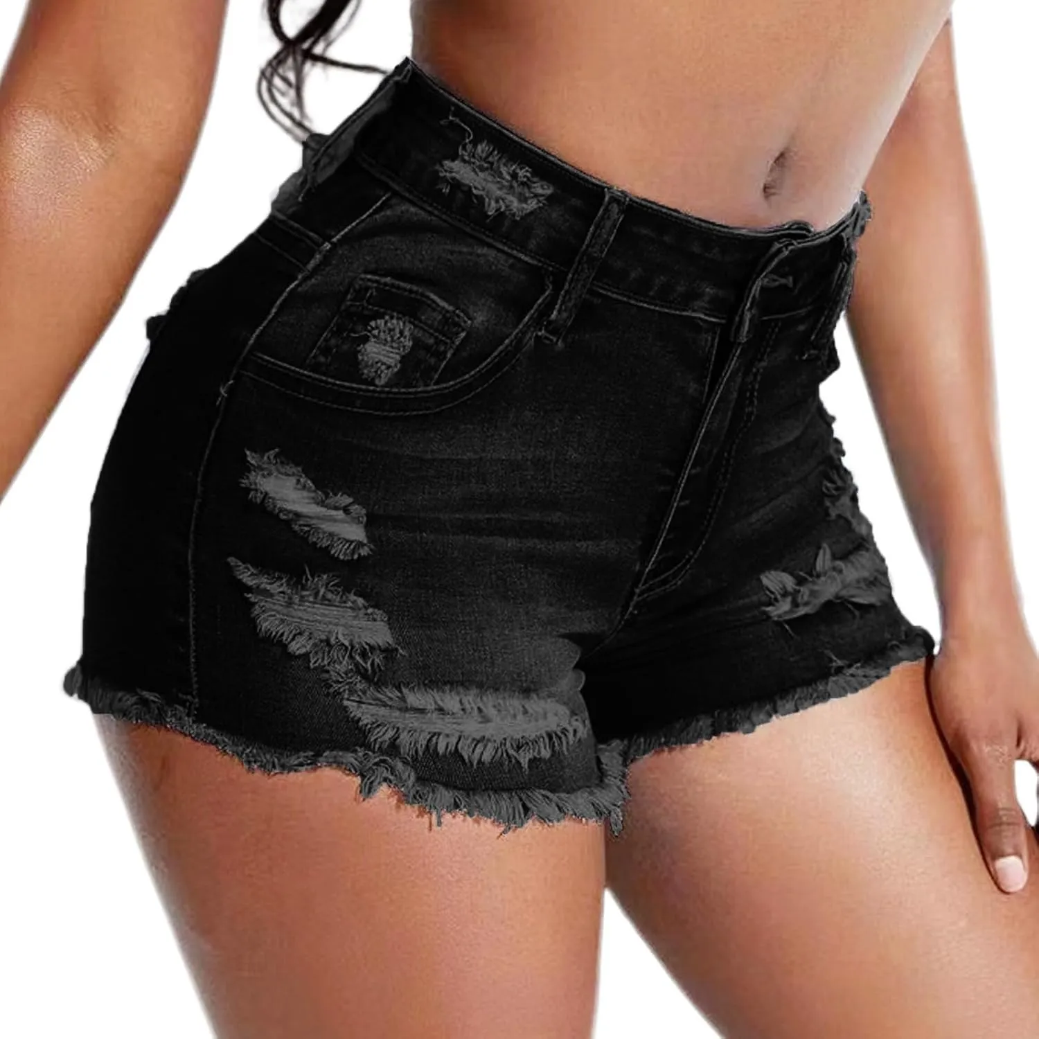 Women's Stretch Ripped Denim Shorts Mid Waist Casual Frayed Raw Hem Distressed Jean Shorts