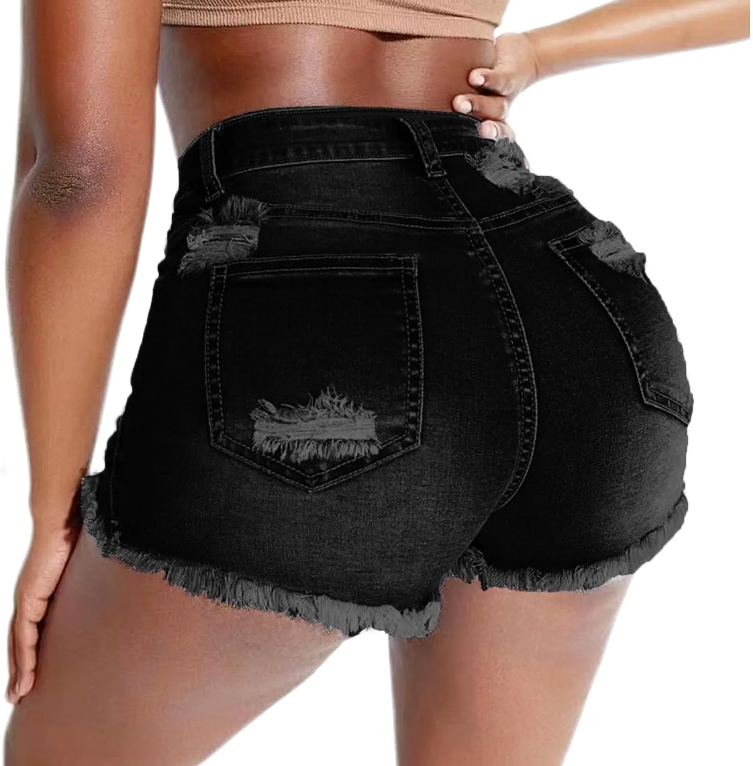Women's Stretch Ripped Denim Shorts Mid Waist Casual Frayed Raw Hem Distressed Jean Shorts
