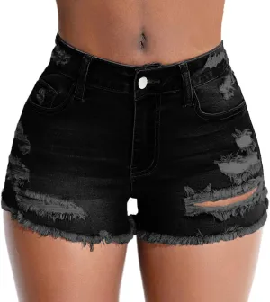 Women's Stretch Ripped Denim Shorts Mid Waist Casual Frayed Raw Hem Distressed Jean Shorts
